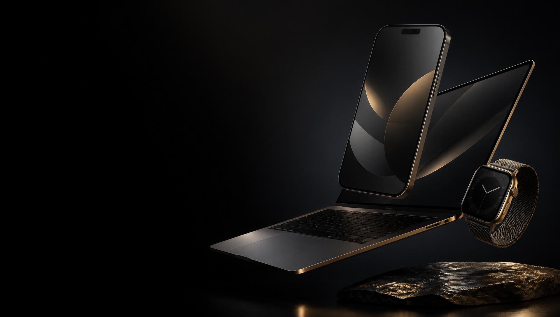 Flagship smartphone and laptop arranged on a dark studio surface