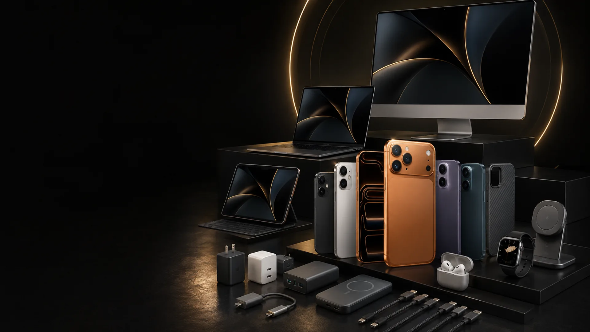 Flagship smartphones, laptop, tablet, monitor, earbuds and chargers on a dark gold-lit studio set